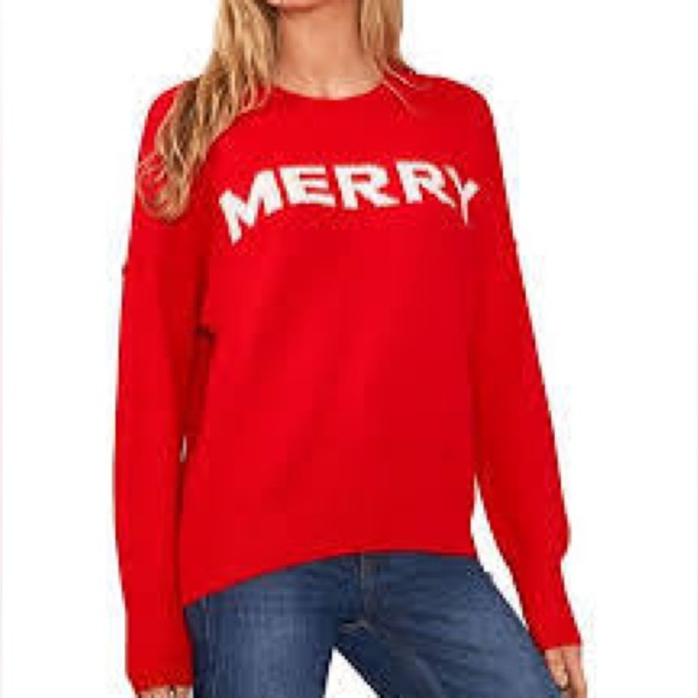 Vince Camuto Red & White MERRY Cozy Soft Holiday Sweater Size Large